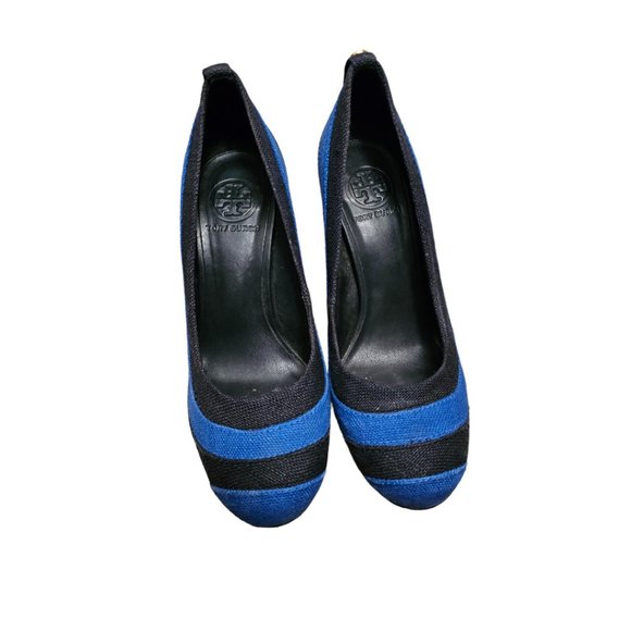 Tory Burch Joelle Chunky Blue  Stripe Closed  Platform Heels  Size 7.5M - Picture 3 of 6